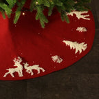 Knitted Christmas Tree Skirt with Reindeer, Cozy Holiday Tree Skirt for Under the Tree, 122 cm, Red