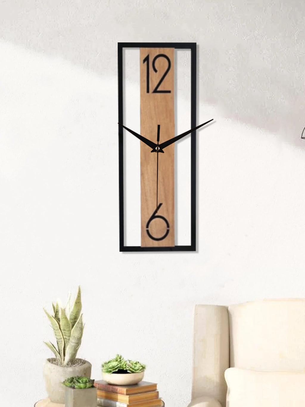 Rectangular Wood Grain Wall Clock, Silent Minimalist Clock for Living Room and Office