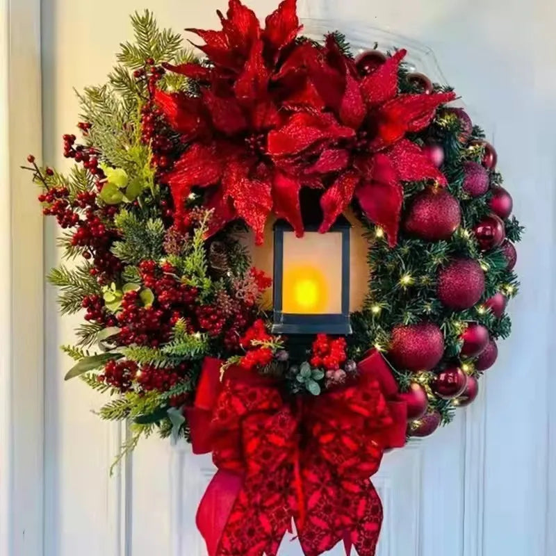 Christmas Wreath with Poinsettias, Red Bow and Lantern, Holiday Front Door and Wall Wreath, Four Sizes