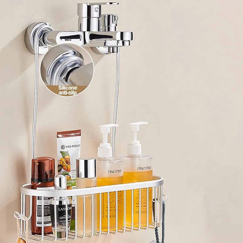 Hanging Shower Caddy, No-Drill Shower Organizer Basket with Hooks for Shampoo and Soap, Fits Shower Head or Rail, Rustproof Steel, Silver or Black