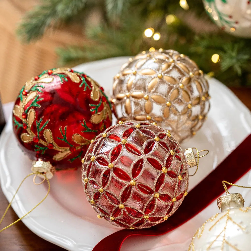 Gold Christmas Balls Set of 2, 8 cm Retro Christmas Tree Ornaments, Three Designs