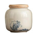 Wave Relief Ceramic Jar with Wood-Tone Lid, Canister for Tea, Coffee and Snacks