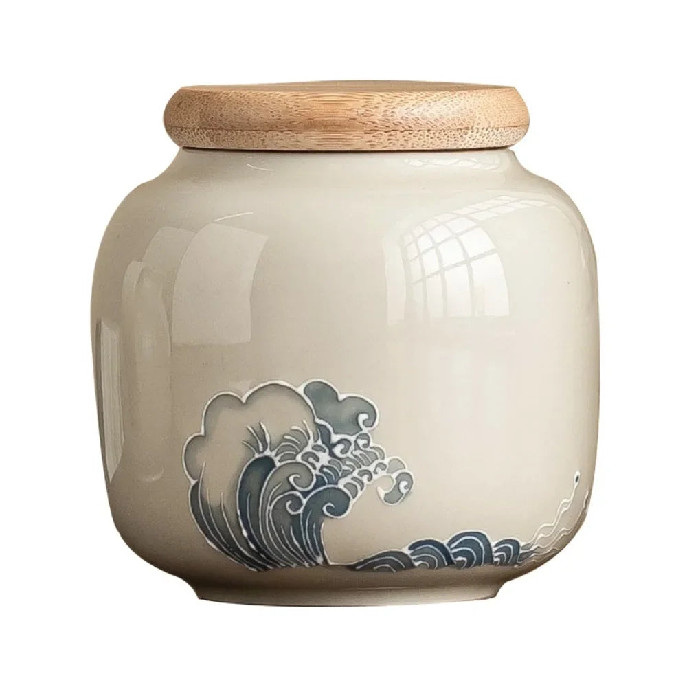 Wave Relief Ceramic Jar with Wood-Tone Lid, Canister for Tea, Coffee and Snacks