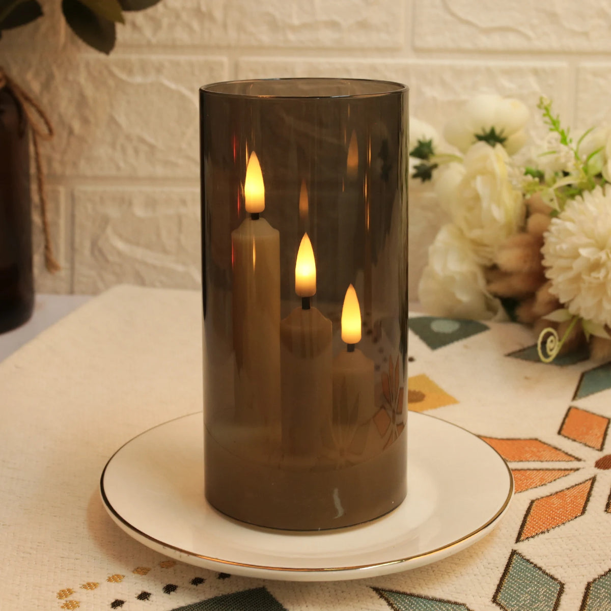 Flameless LED Candles Set of 3 with Acrylic Shade, Flickering Battery Candles for Mantel and Dining Table, Smoke Grey or Red