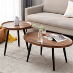 Nesting Coffee Table Set of 2, Oval and Round Walnut-Finish Tables with Black Metal Legs for Living Room
