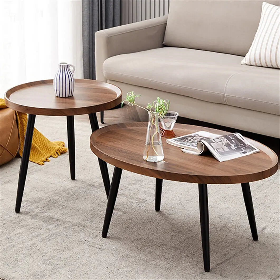 Nesting Coffee Table Set of 2, Oval and Round Walnut-Finish Tables with Black Metal Legs for Living Room