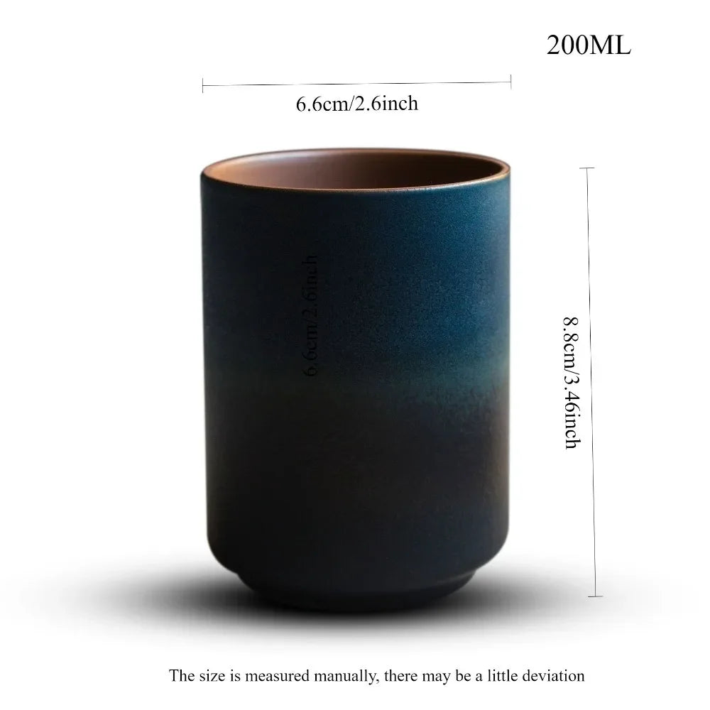 Kiln-Glazed Ceramic Cup, 200 ml Japanese-Style Coffee and Tea Cup, Blue and White, Black or Dark Blue