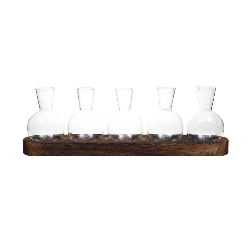 Glass Propagation Station with Wood-Tone Tray, Hydroponic Vase for Cuttings and Plants, 3 or 5 Vases