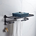 Black Wall-Mounted Towel Rack with Shelf, 50 cm Foldable Towel Holder with Hooks