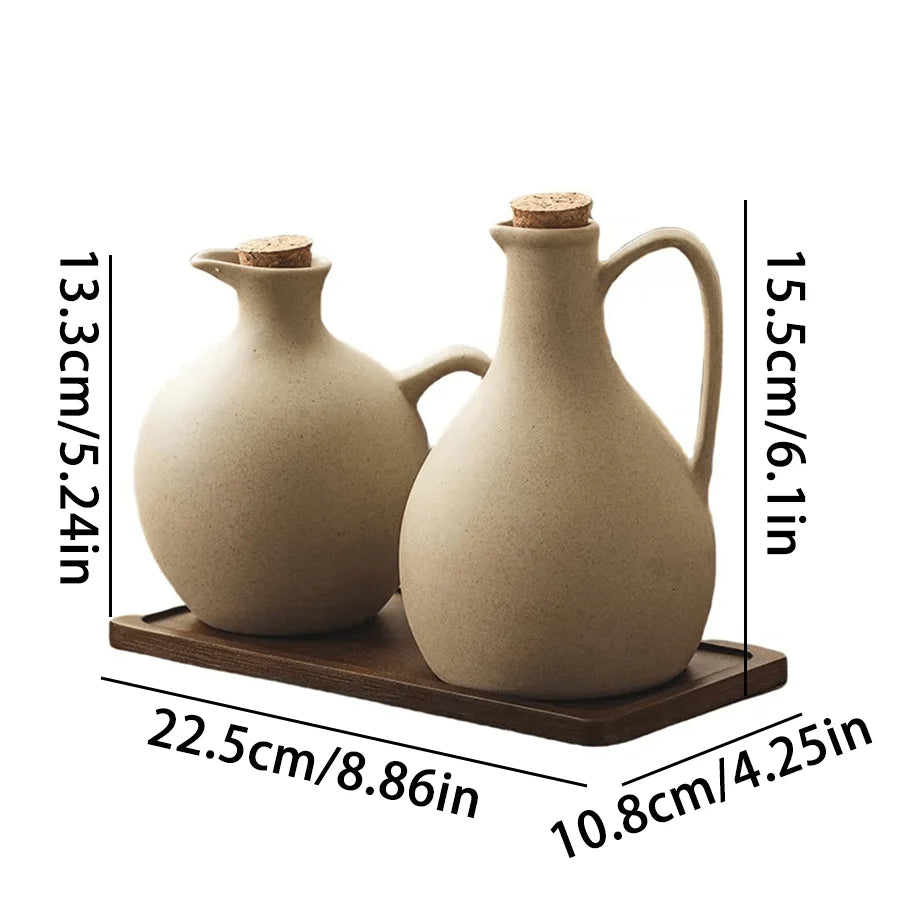 Ceramic Oil Bottle with Cork Stopper, Round Pottery Dispenser for Olive Oil and Vinegar, 500 ml, 600 ml or Set of 2