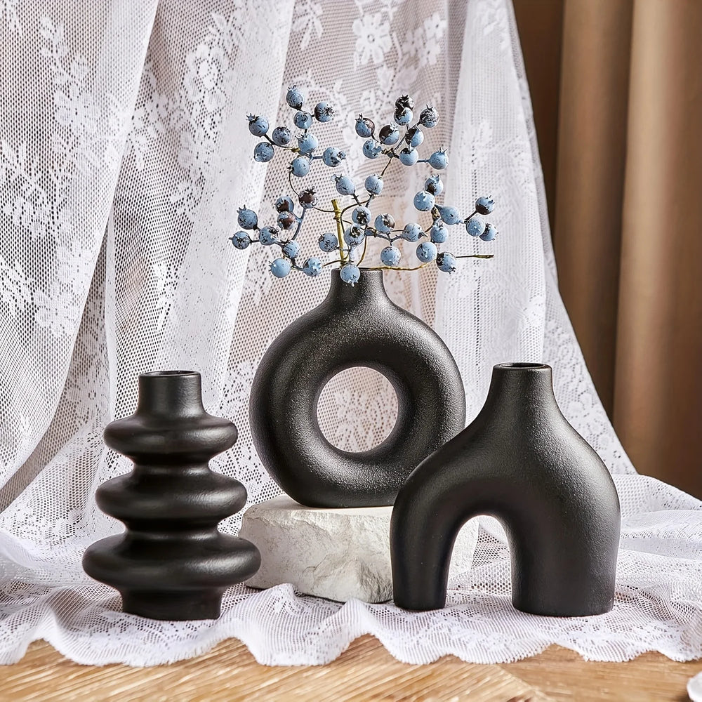 Ceramic Vase Set of 3, Modern Arch and Ribbed Vases for Shelf, Mantel and Dining Table, Black or Cream
