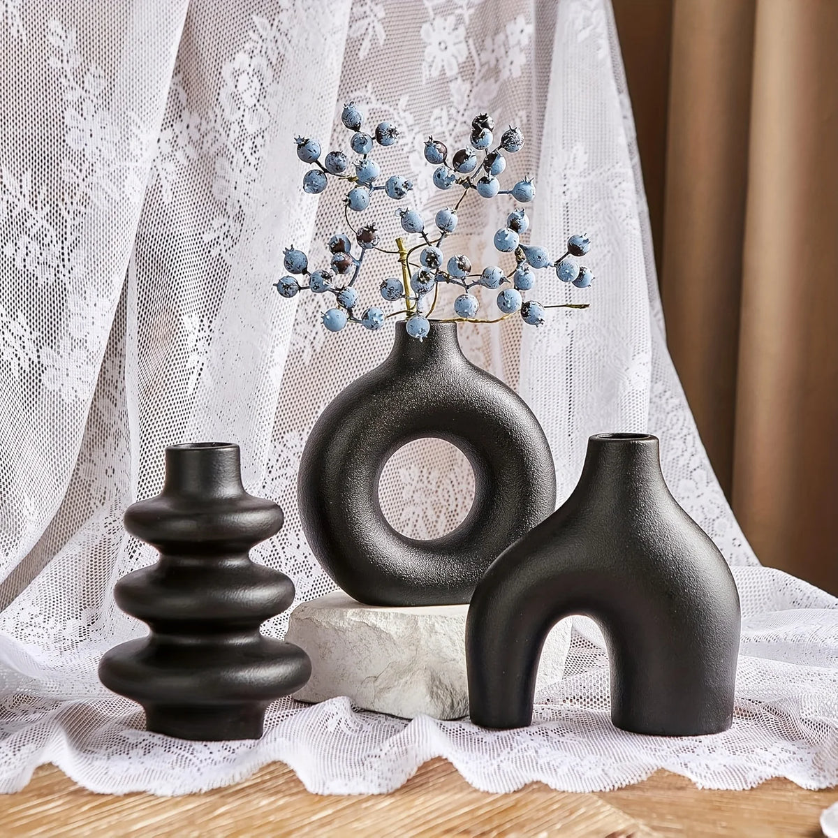 Ceramic Vase Set of 3, Modern Arch and Ribbed Vases for Shelf, Mantel and Dining Table, Black or Cream