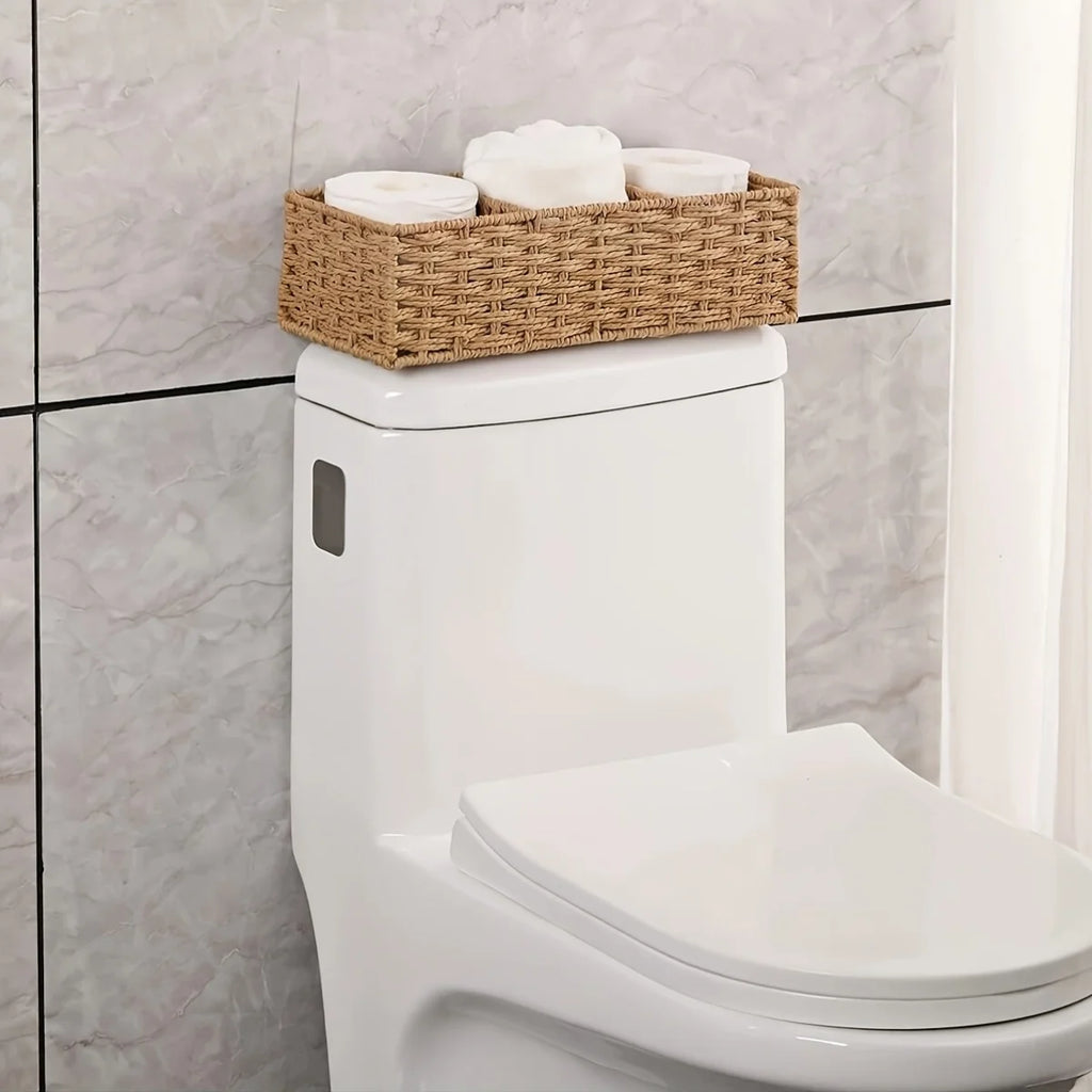 Paper Rope Storage Box, Woven Toilet Tank Top Basket for Tissues, Cosmetics and Toiletries, Natural