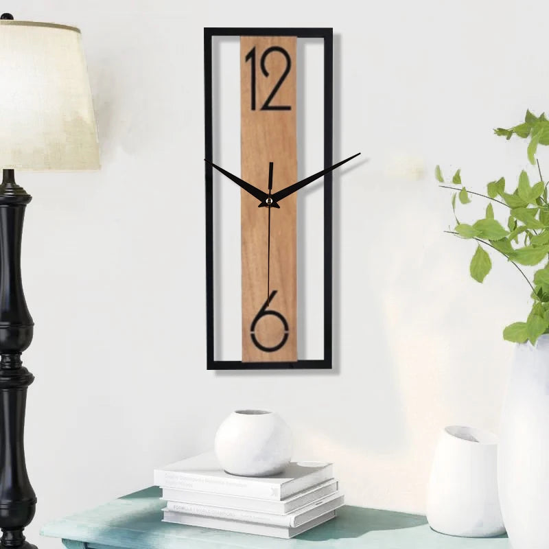 Rectangular Wood Grain Wall Clock, Silent Minimalist Clock for Living Room and Office