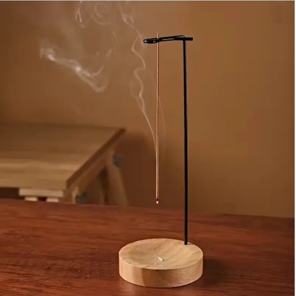 Hanging Incense Holder, Upside-Down Incense Stick Burner with Black Metal Arm and Wooden Ash Dish for Living Room, Bedroom and Meditation Corner