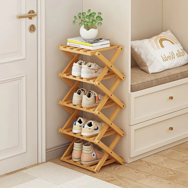 Foldable Wooden Shoe Rack, Installation-Free Shoe Shelf for Entryway, Closet and Hallway, Natural or Black, 4 or 5 Tiers