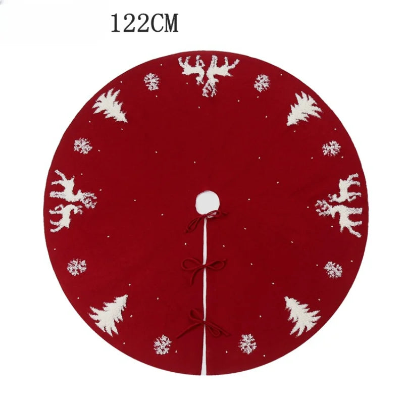 Knitted Christmas Tree Skirt with Reindeer, Cozy Holiday Tree Skirt for Under the Tree, 122 cm, Red