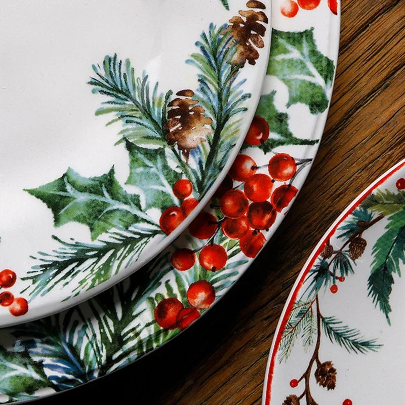 Christmas Ceramic Dinner Plates, Underglaze Holiday Plates for Christmas Dinner and Desserts, Four Designs