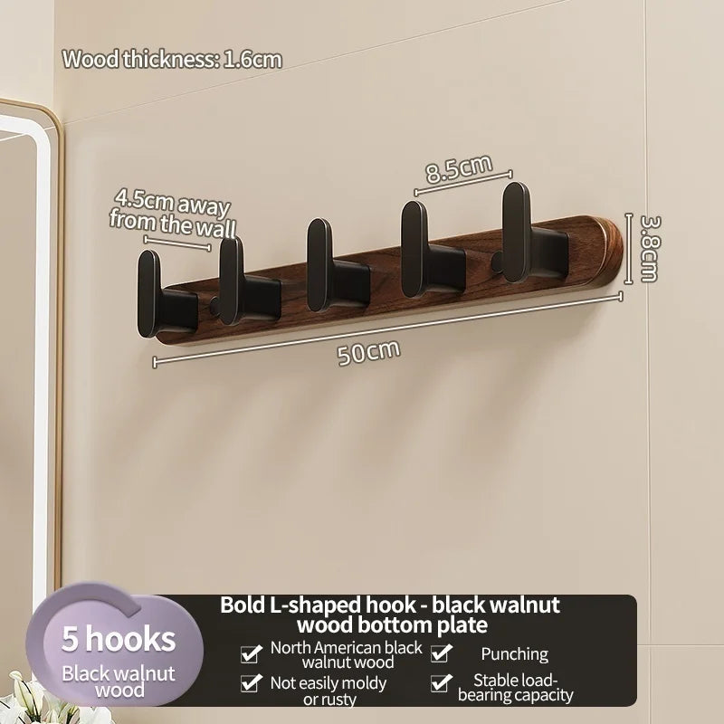 Wall-Mounted Coat Rack with 5 Hooks, Hook Rail for Entryway, Bathroom and Bedroom, Beech with White Hooks or Walnut with Black Hooks