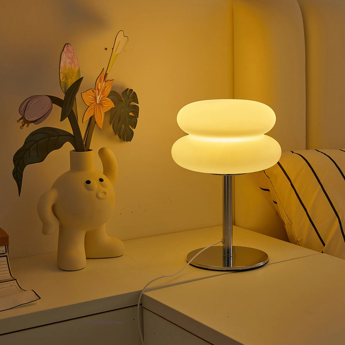 Bauhaus Mushroom Table Lamp, Dimmable Layered Bedside Light with Chrome Stand for Bedroom and Living Room, White or Orange