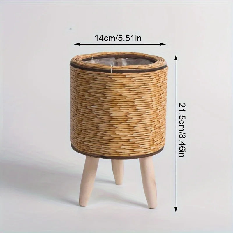 Woven Rattan-Look Planter with Wooden Legs, Plant Basket for Indoor Plants and Storage, Cylinder or Round