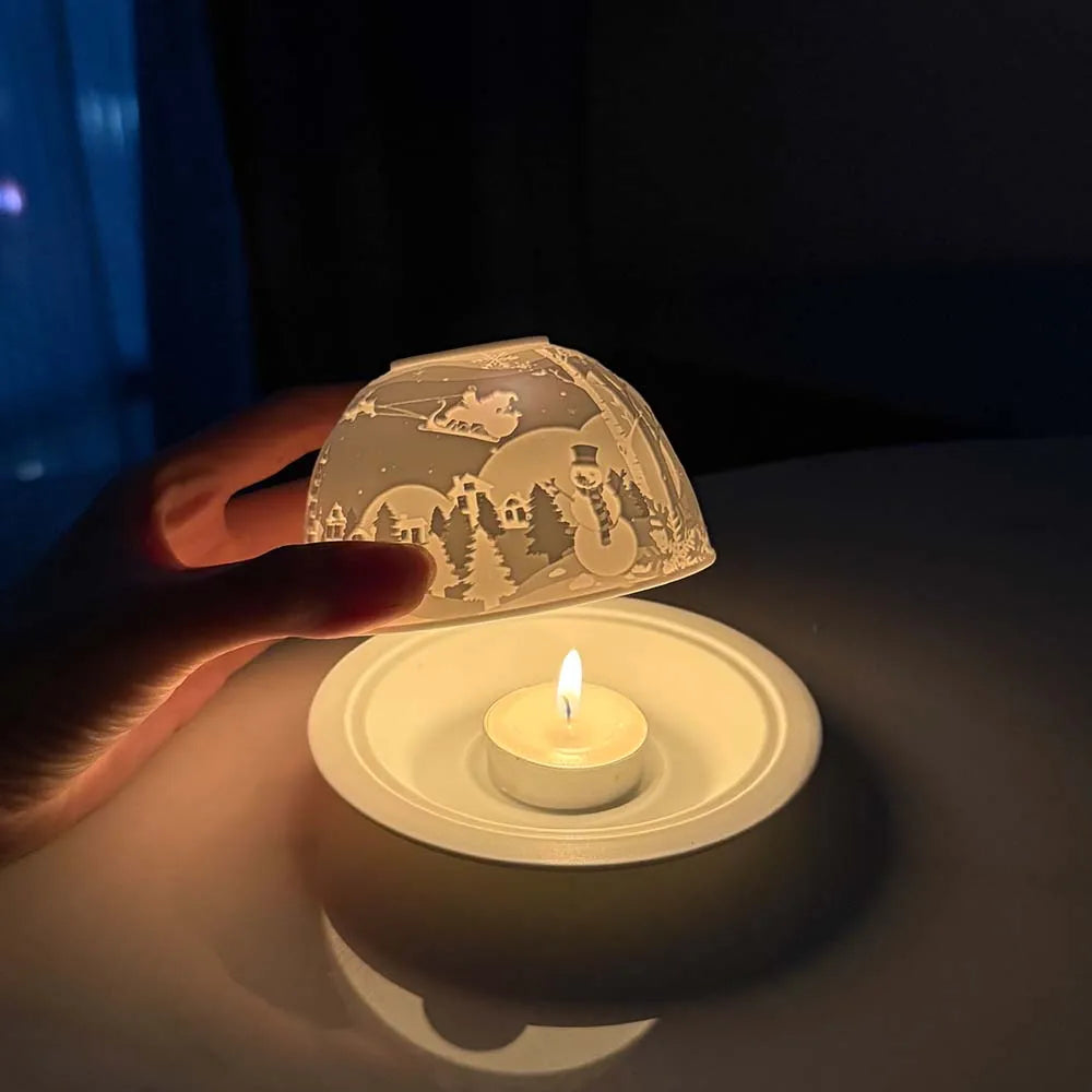 Ceramic Tealight Dome with Snowman and Reindeer, Christmas Candle Holder for Table, Mantel and Windowsill