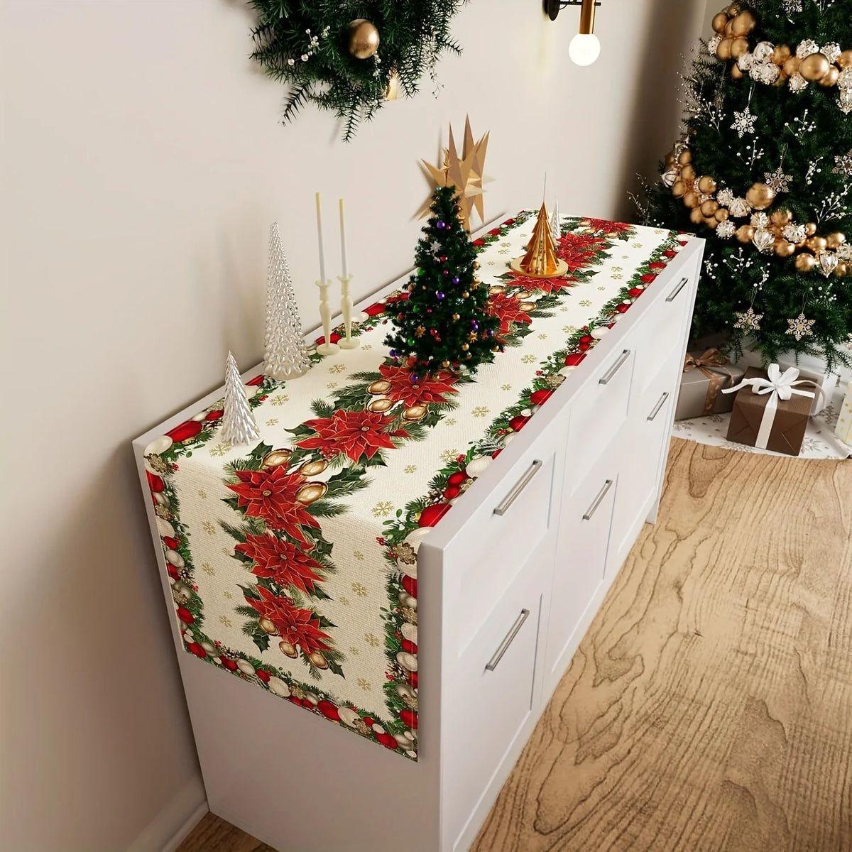 Christmas table runner with poinsettias