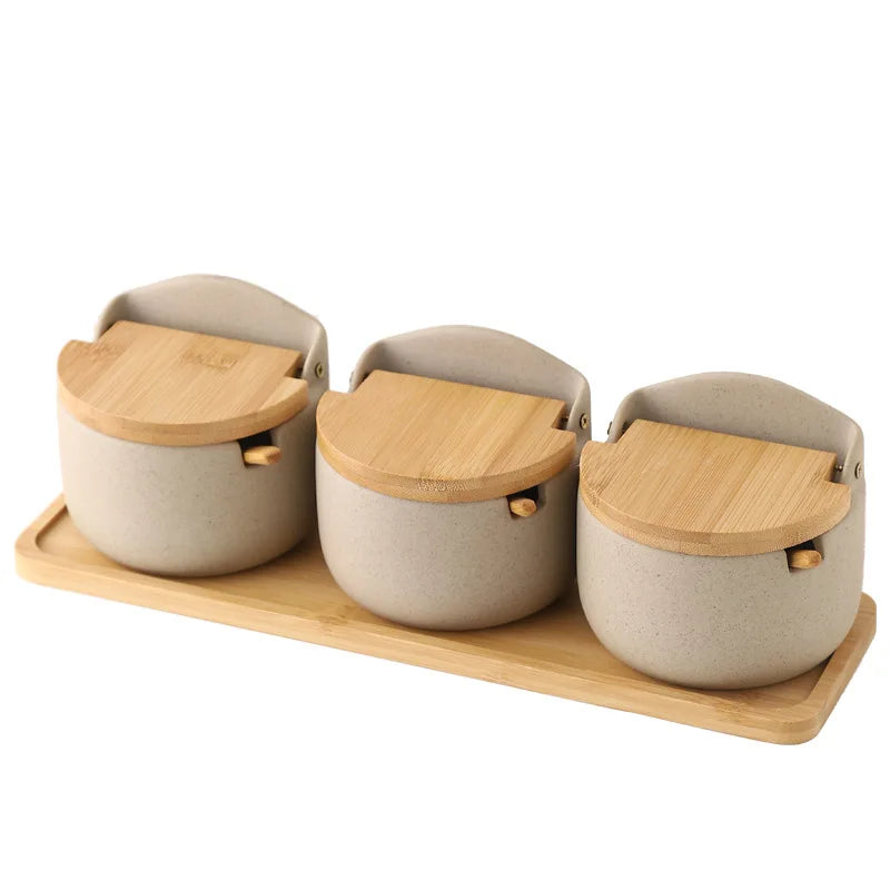Ceramic Jars with Wood-Tone Lids, Kitchen Canisters for Sugar, Salt, Coffee and Tea, Single Jar or Set of 2 or 3 with Tray