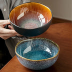 Asymmetric Ceramic Bowl, 16.5 cm Reactive Glaze Bowl for Noodles, Salad and Serving, Black or Blue