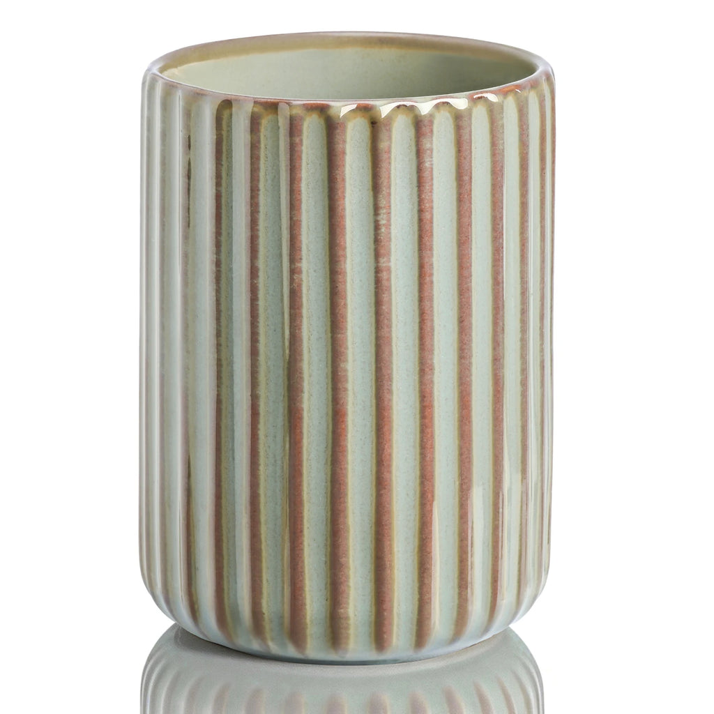 Ribbed Ceramic Toothbrush Holder, Vintage Bathroom Countertop Cup and Organizer, Green