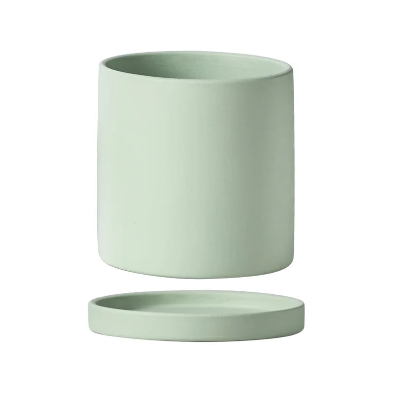 Matte Ceramic Planter with Saucer, Cylinder Flower Pot with Drainage Hole for Succulents and Houseplants, Four Colors, 8 cm