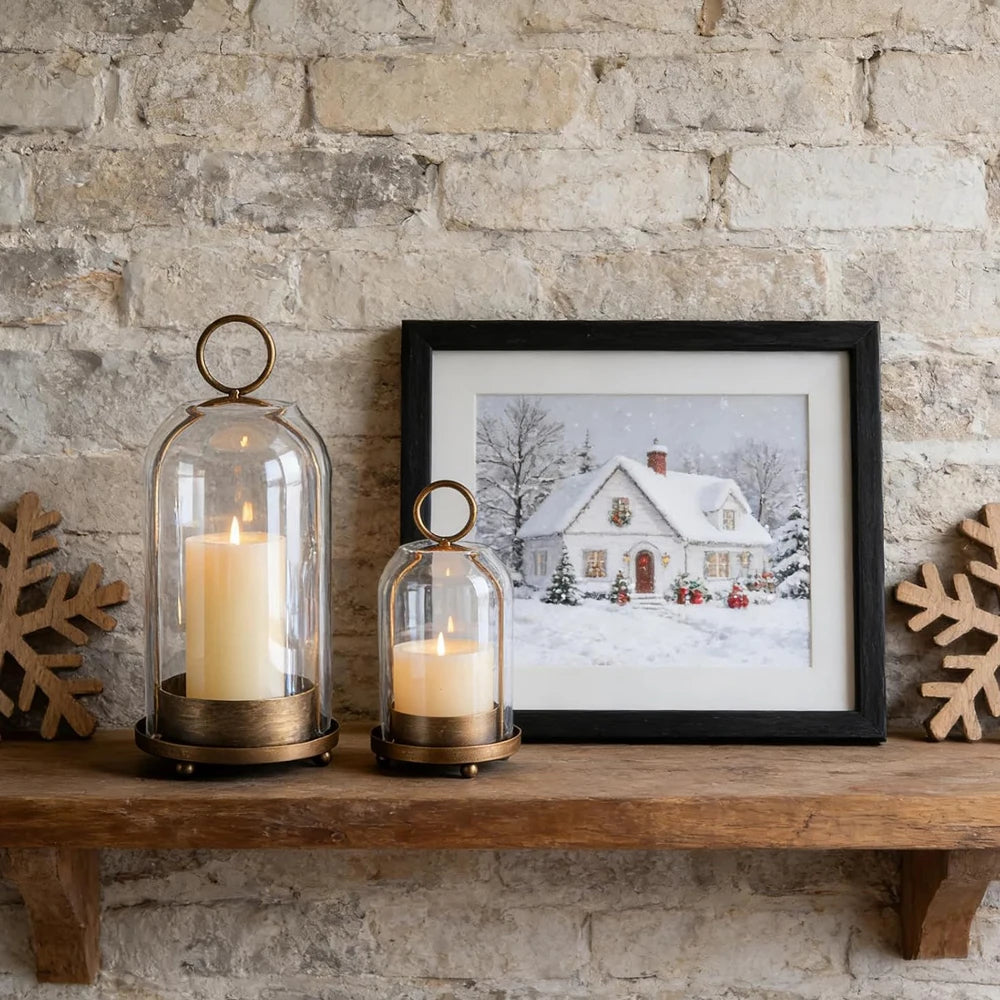 Metal Candle Holder with Glass Dome, Pillar Candle Hurricane for Table and Mantel, Gold or Black, Small or Large