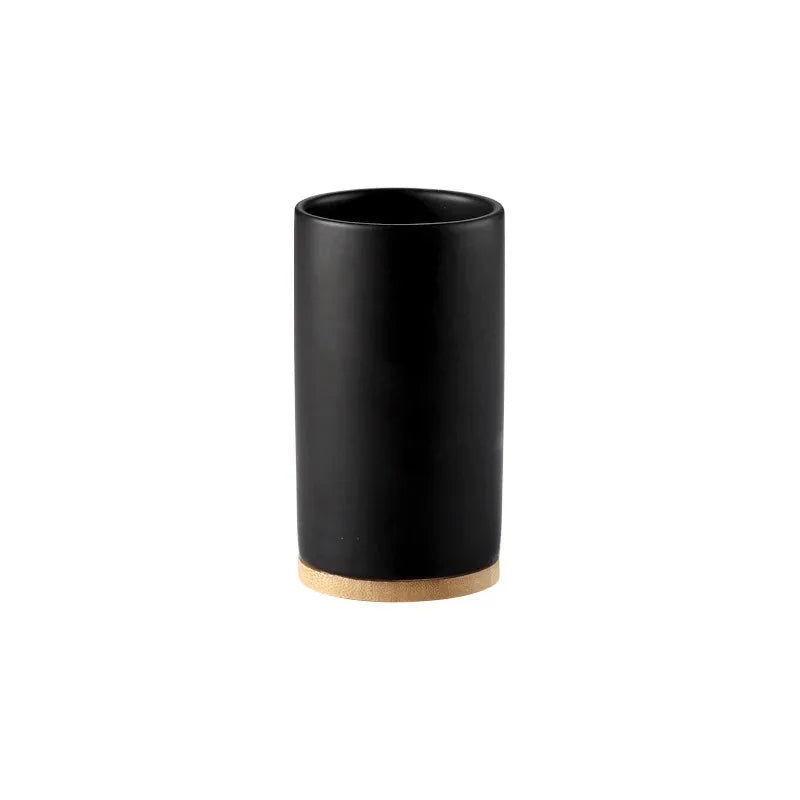 Ceramic Bathroom Accessories Set, Soap Dispenser and Tumbler on a Wooden Tray for Bathroom Counter, White, Grey or Black