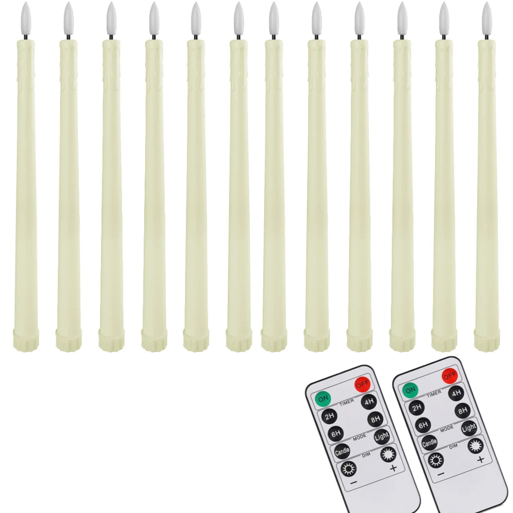 Flameless LED Taper Candles with Remote, Flickering Battery Candlesticks for Christmas Table and Mantel, White or Ivory, Set of 6 or 12