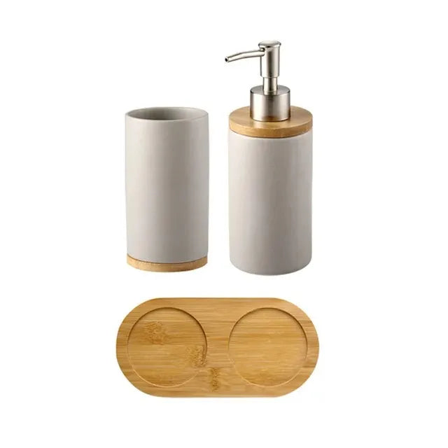 Ceramic Bathroom Accessories Set, Soap Dispenser and Tumbler on a Wooden Tray for Bathroom Counter, White, Grey or Black