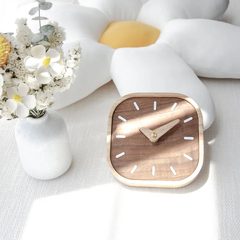 Solid Wood Table Clock with Walnut-Tone Face, Silent Desk Clock for Bedside and Shelf