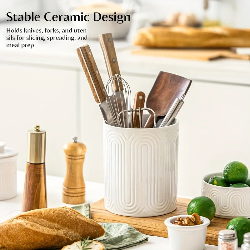 Ribbed White Ceramic Utensil Holder, Countertop Crock for Spoons, Spatulas and Whisks