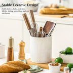 Ribbed White Ceramic Utensil Holder, Countertop Crock for Spoons, Spatulas and Whisks