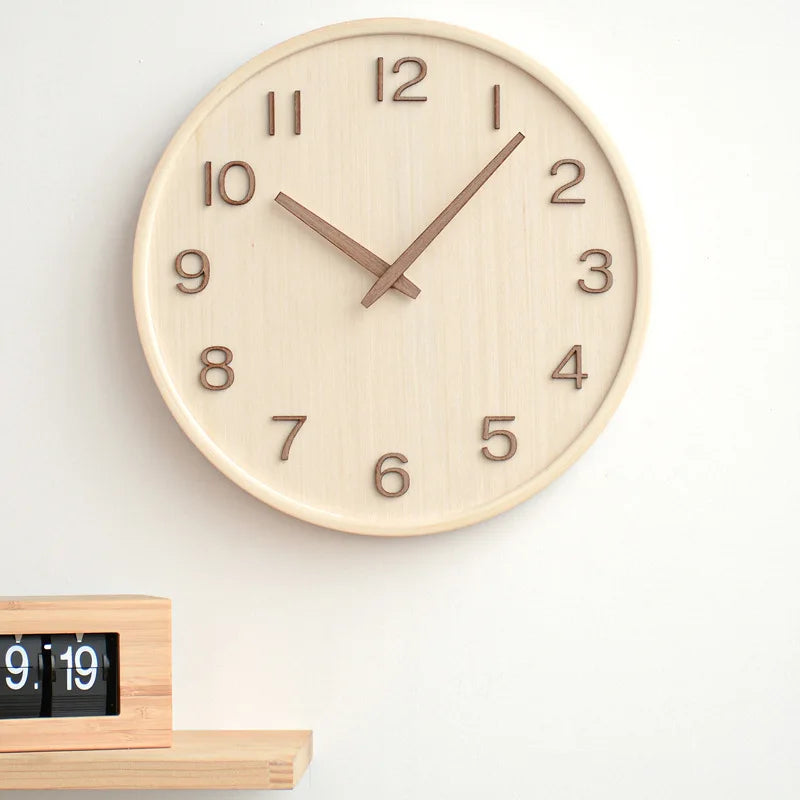 Japanese-Style Silent Wooden Wall Clock, Minimalist Clock with Raised Numbers for Living Room and Kitchen, Natural or Dark Wood
