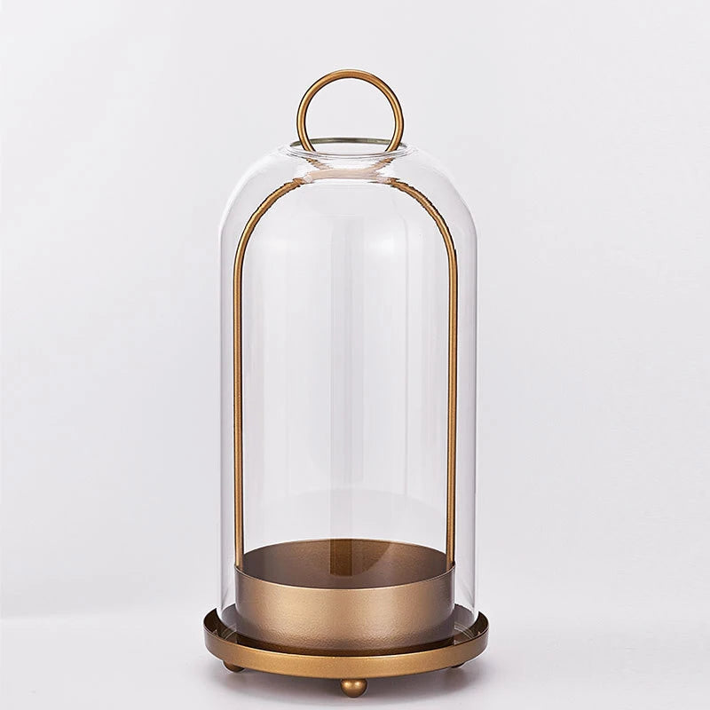 Metal Candle Holder with Glass Dome, Pillar Candle Hurricane for Table and Mantel, Gold or Black, Small or Large