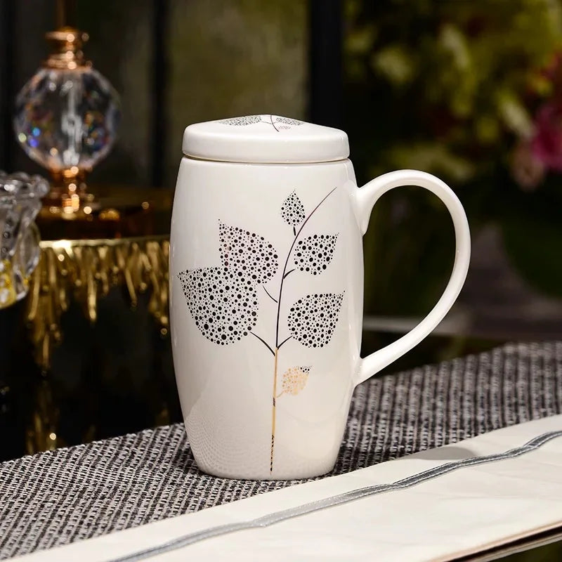 Large Bone China Mug with Lid, 700 ml Floral Tea and Coffee Mug, Peony, Magnolia, Camellia or Grey Leaf