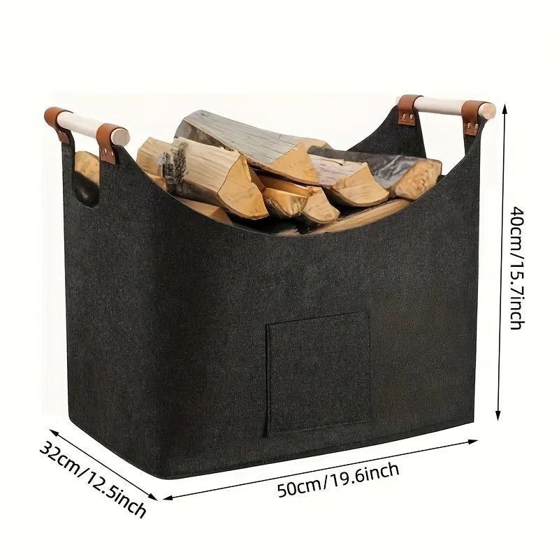 Felt Firewood Basket, Foldable Log Carrier with Reinforced Handles for Fireplace and Storage, Dark Grey