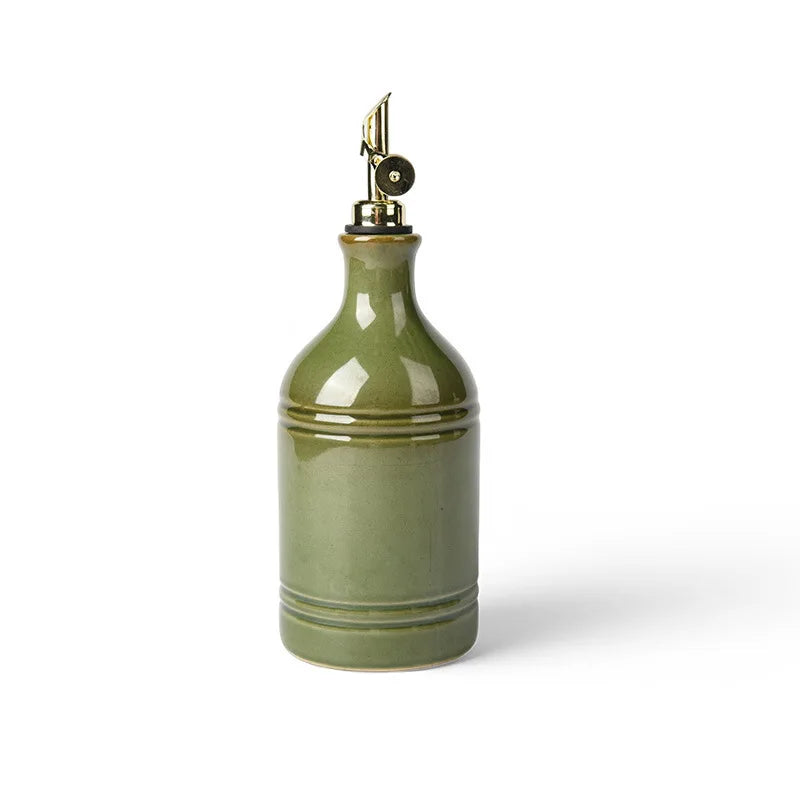 Green Ceramic Olive Oil Bottle with Pour Spout, Retro Glazed Oil Dispenser for Kitchen and Table, Brass or Stainless Steel Spout