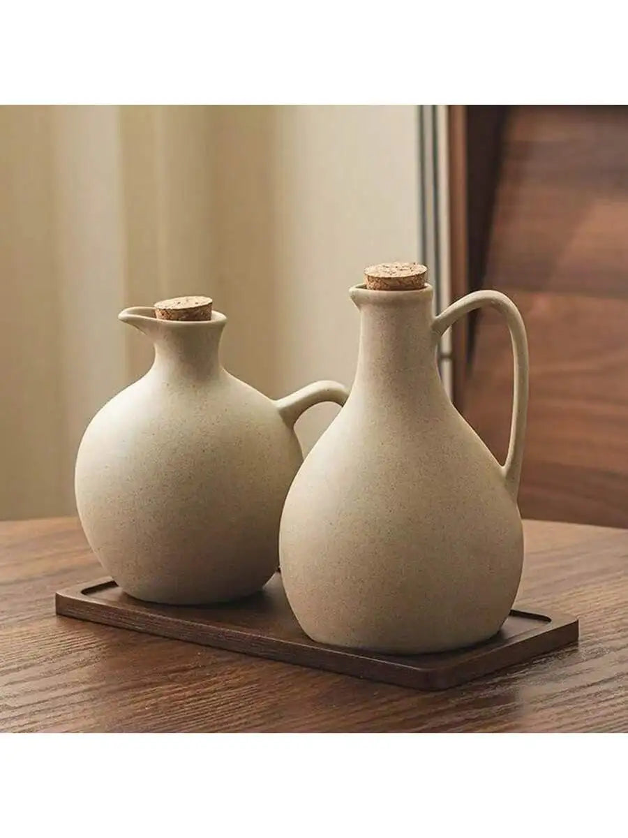 Ceramic Oil Bottle with Cork Stopper, Round Pottery Dispenser for Olive Oil and Vinegar, 500 ml, 600 ml or Set of 2