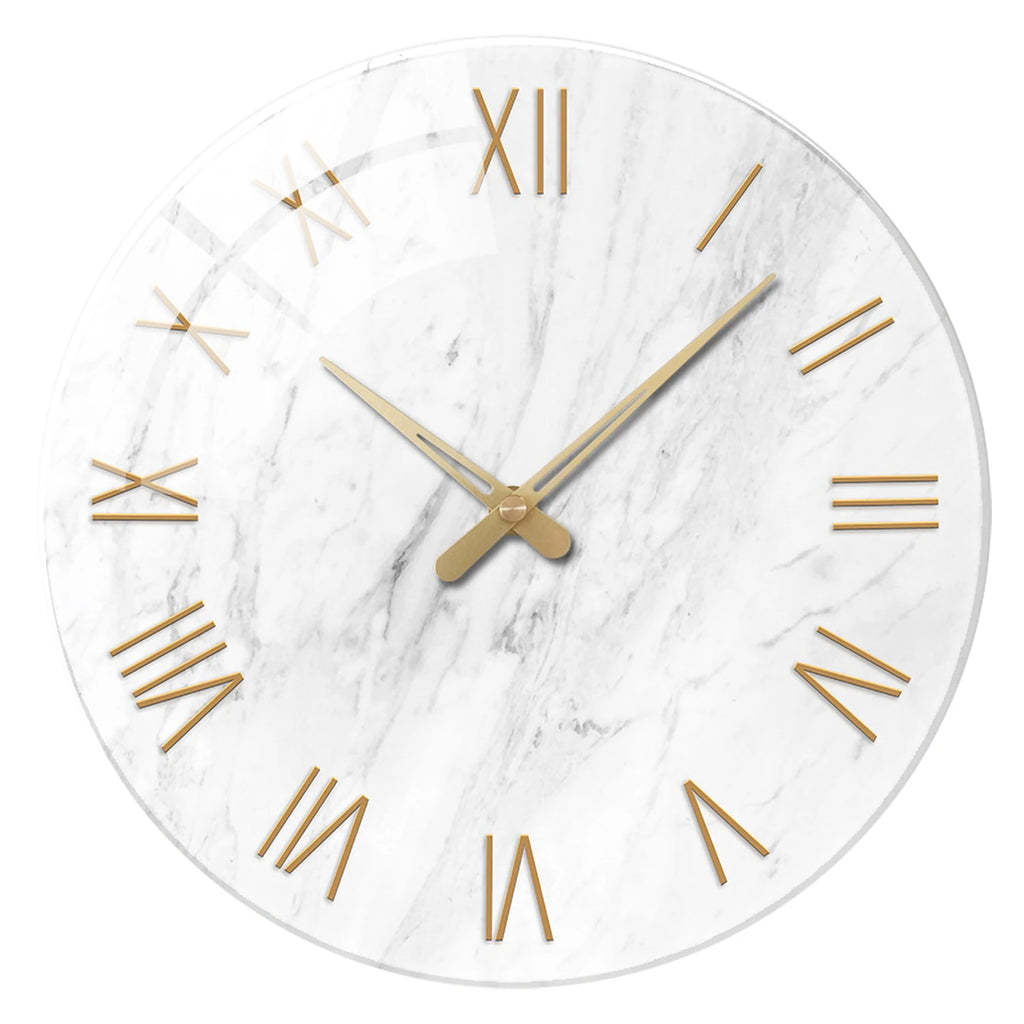 Marble-Look Glass Wall Clock, 35 cm Silent Clock with Gold Roman Numerals for Living Room and Bedroom