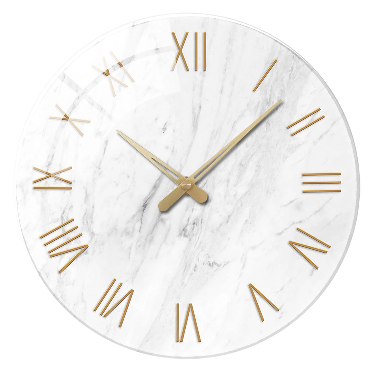 Marble-Look Glass Wall Clock, 35 cm Silent Clock with Gold Roman Numerals for Living Room and Bedroom