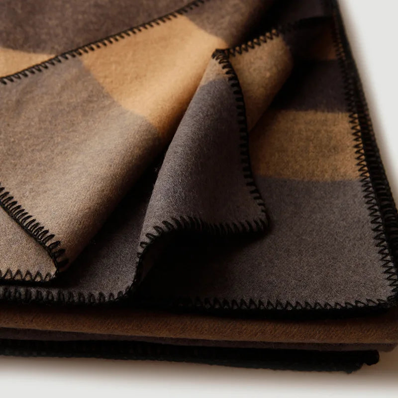 Striped Jacquard Wool Throw Blanket, Brown Blanket for Sofa, Bed and Reading Chair