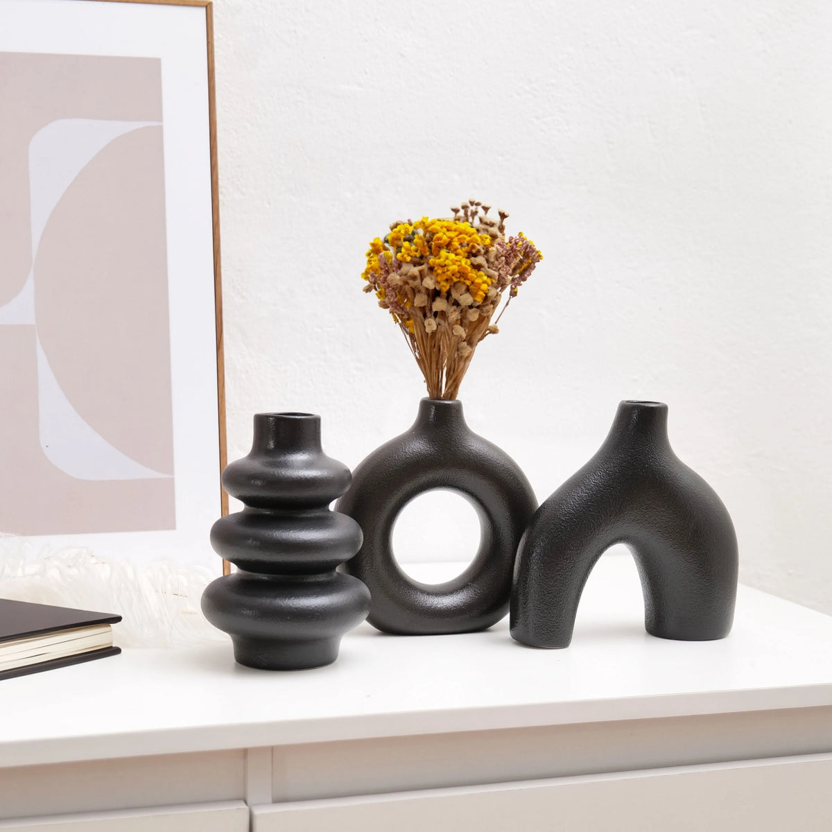 Ceramic Vase Set of 3, Modern Arch and Ribbed Vases for Shelf, Mantel and Dining Table, Black or Cream
