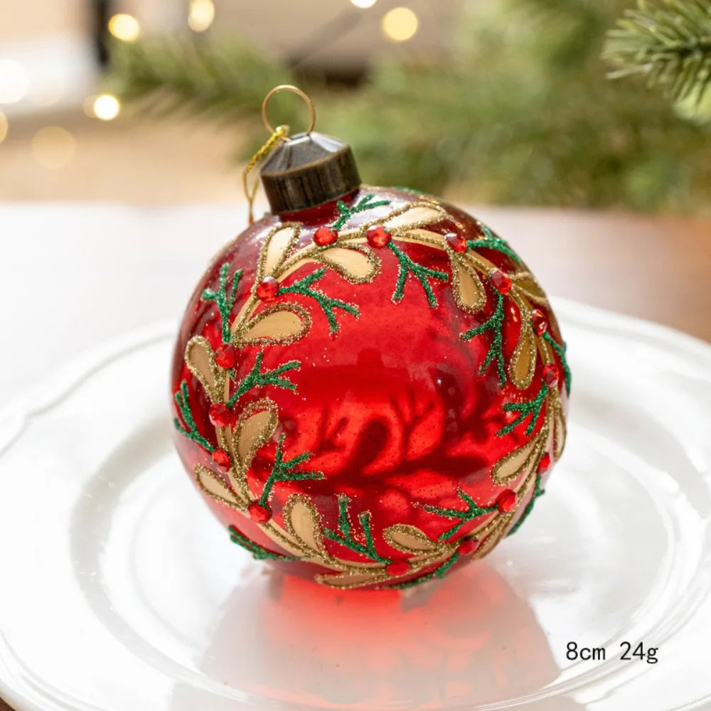 Decorated Glass Christmas Ball, 8 cm Christmas Tree Ornament, Red and Gold, Cream and Gold, Gold Lattice or White and Green