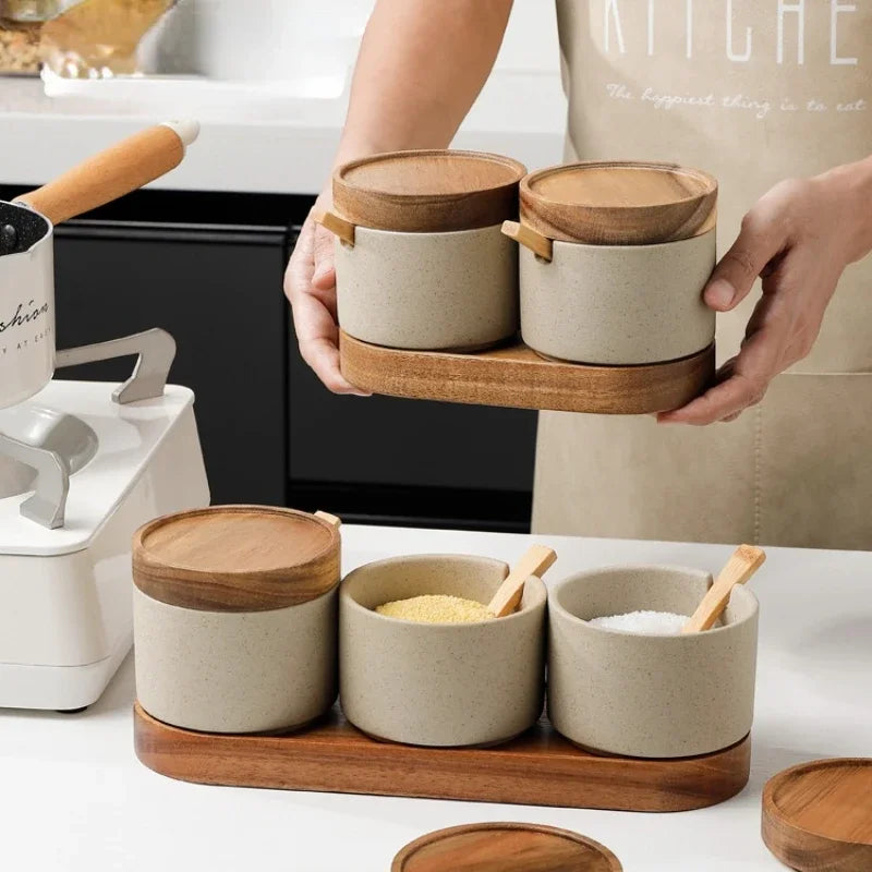 Modern Ceramic Seasoning Jar Set with Wood-Tone Lids, Countertop Salt and Sugar Containers, Single Jar or Set of 2 or 3 with Tray